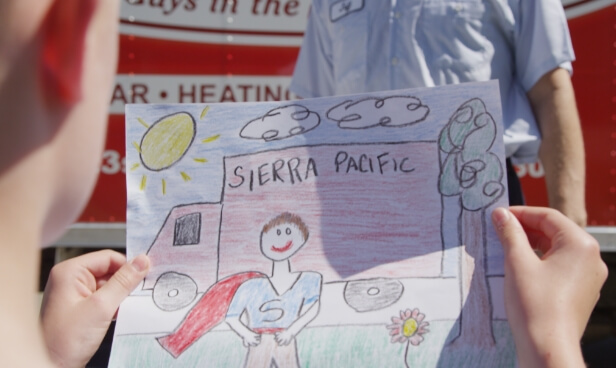 A hand-drawn image of a Sierra Pacific service truck and employee.
