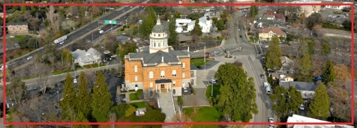 Aerial view of Historic Auburn Courthouse in Auburn, CA