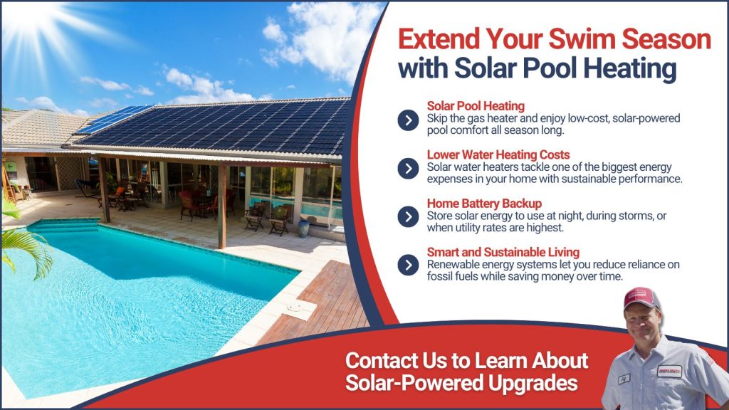 This is an image of a solar heated pool. The headline reads extend your swim season with solar pool heating.