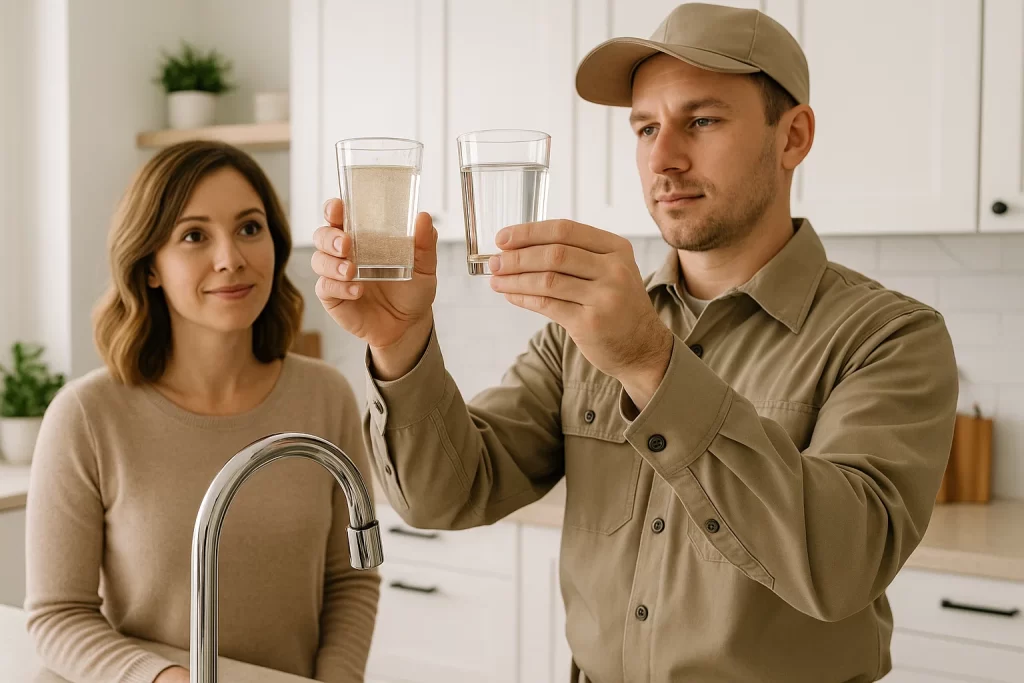Homeowner comparing hard water vs softened water glasses with technician