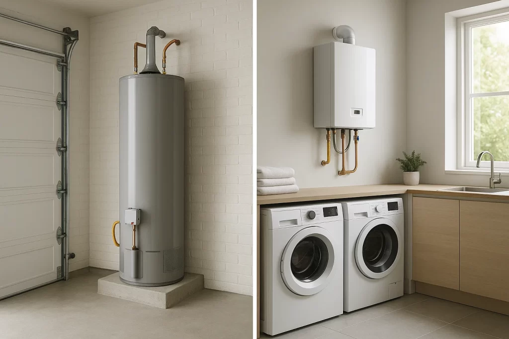 Side-by-side visual of tank versus tankless water heaters in different home settings