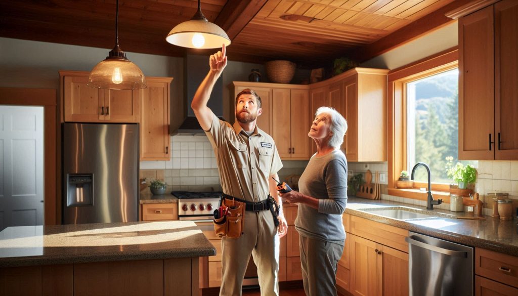 Electrician inspecting flickering ceiling light fixture in Northern California kitchen