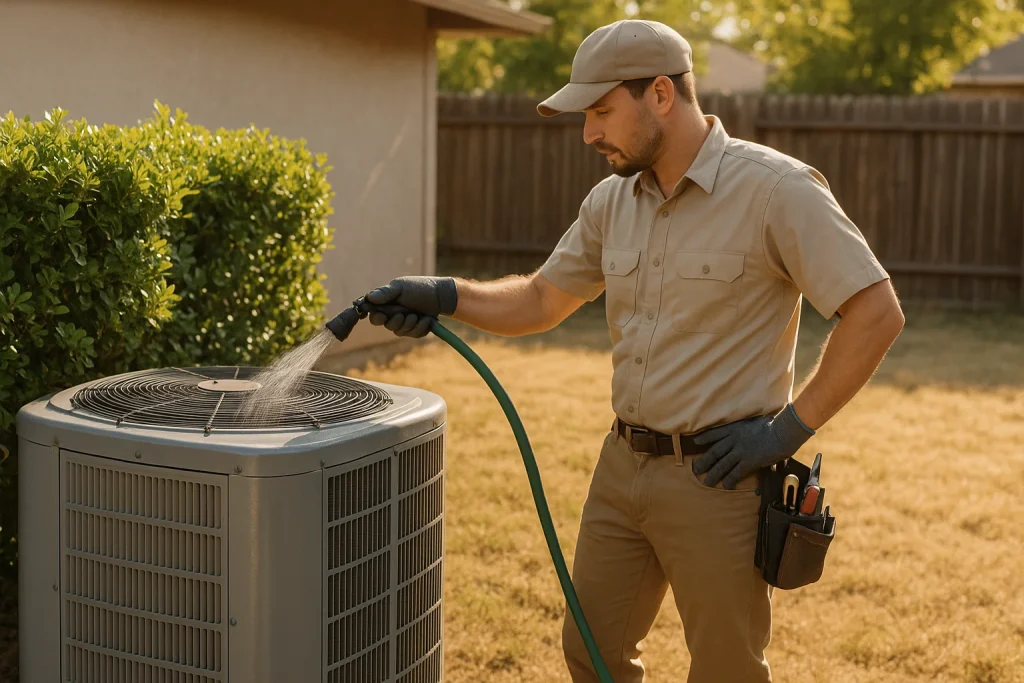 Technician cleaning outdoor AC unit in Sacramento backyard during late summer