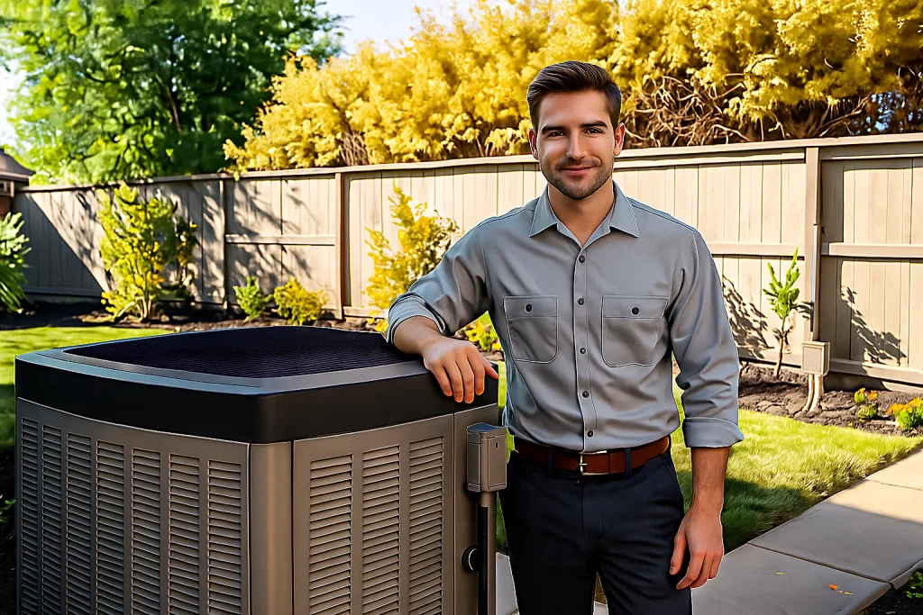 Technician installing high-efficiency heat pump at California home in fall