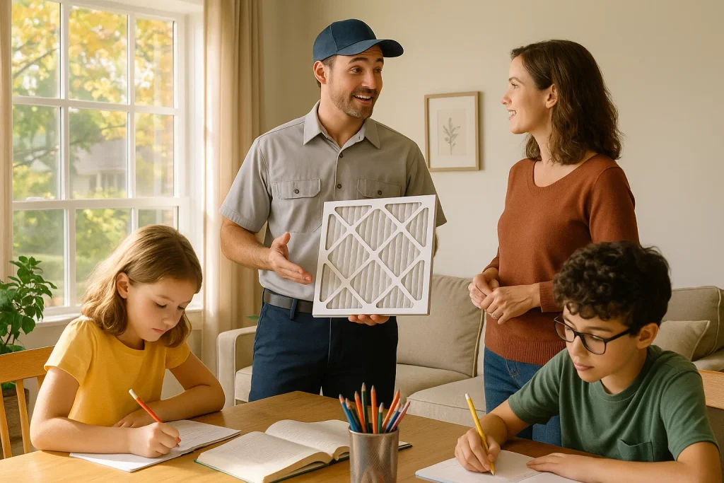 Family with HVAC technician reviewing clean air filter during back-to-school season