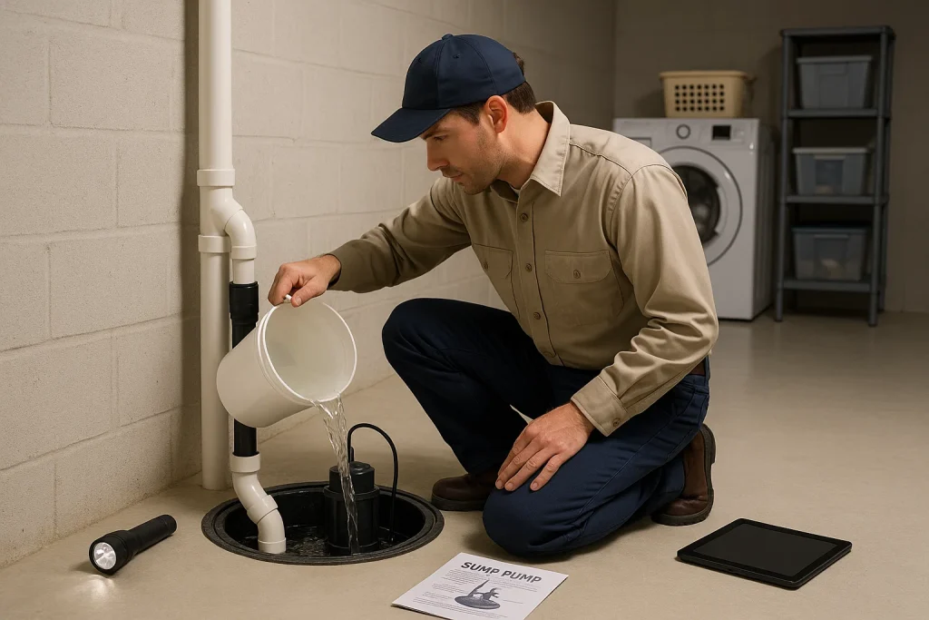 plumber testing basement sump pump with water and inspection tools
