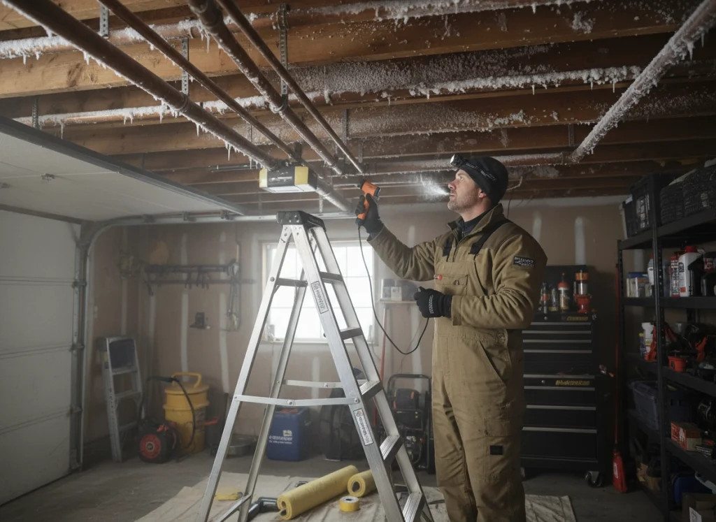 Technician inspecting garage pipes for frost during professional winterization service in Sacramento