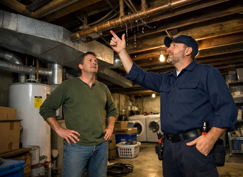 HVAC technician in the homeowners basement looking at a leaking pipe