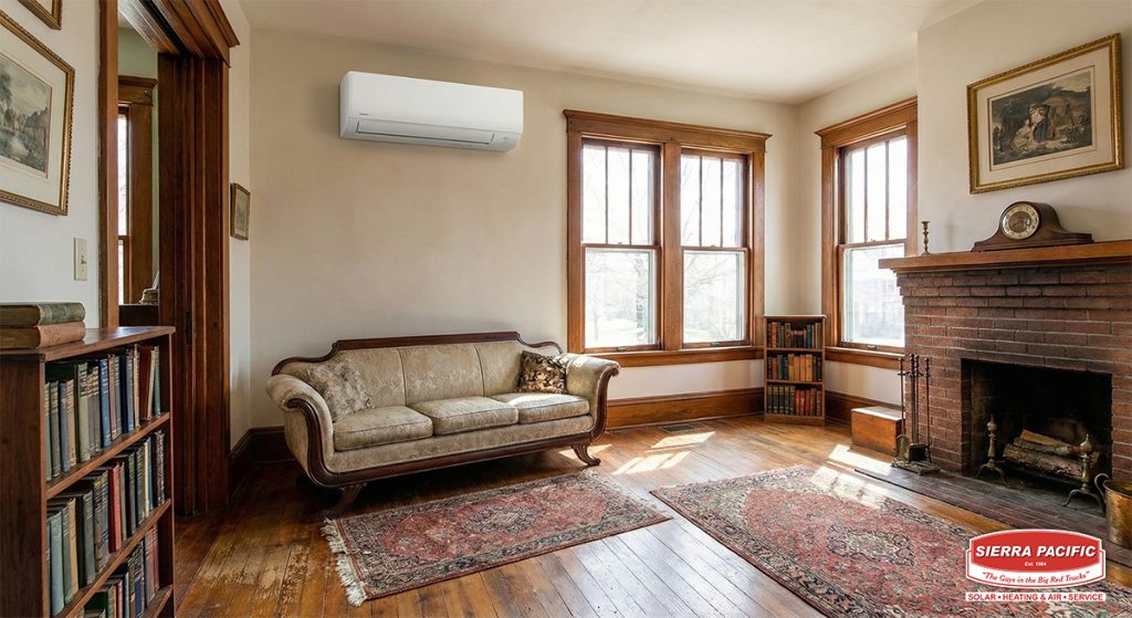 A living room in an older home with a ductless HVAC unit on the wall