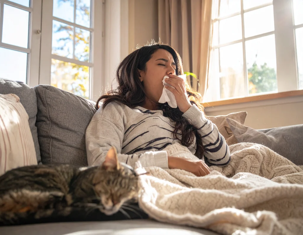 A woman sneezing on her couch due to her allergies