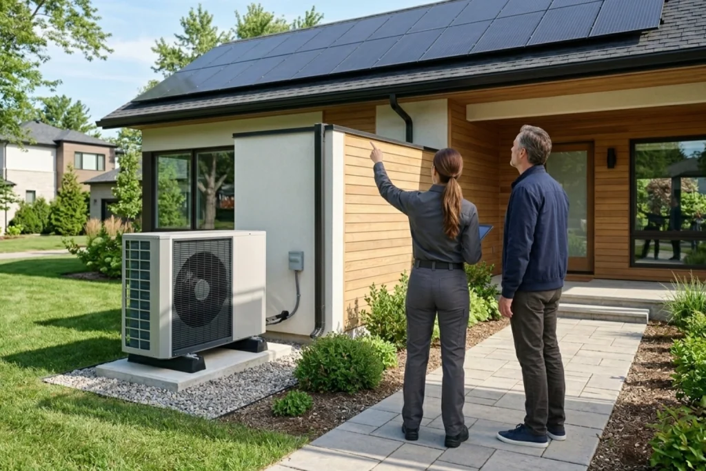 Homeowner discussing solar and energy-efficient HVAC upgrades