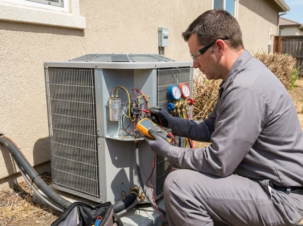 HVAC technician performing pre-summer AC maintenance in Rocklin California