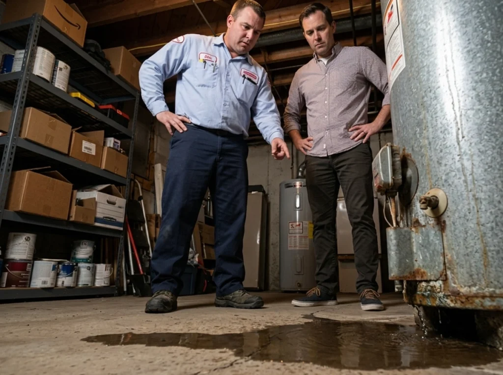 A homeowner and a plumber discussing maintenance of a water heater.
