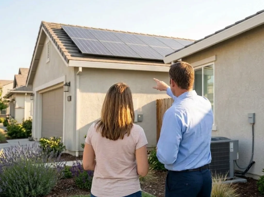 Sacramento homeowner discussing solar power for air conditioning energy use
