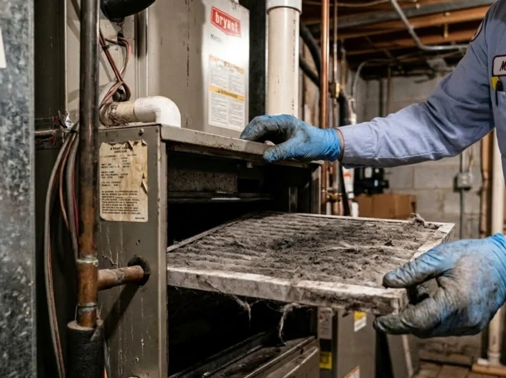 AnHVAC technician removing a dirty air filter
