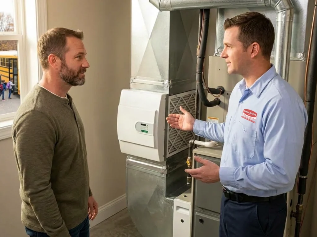 Modesto homeowner discussing whole-house air purification with HVAC technician