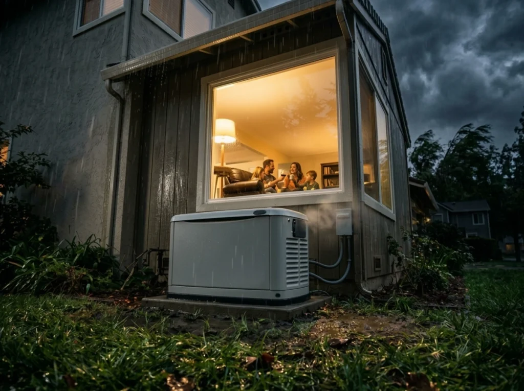 Family enjoying the comforts of Electricity during a storm.
