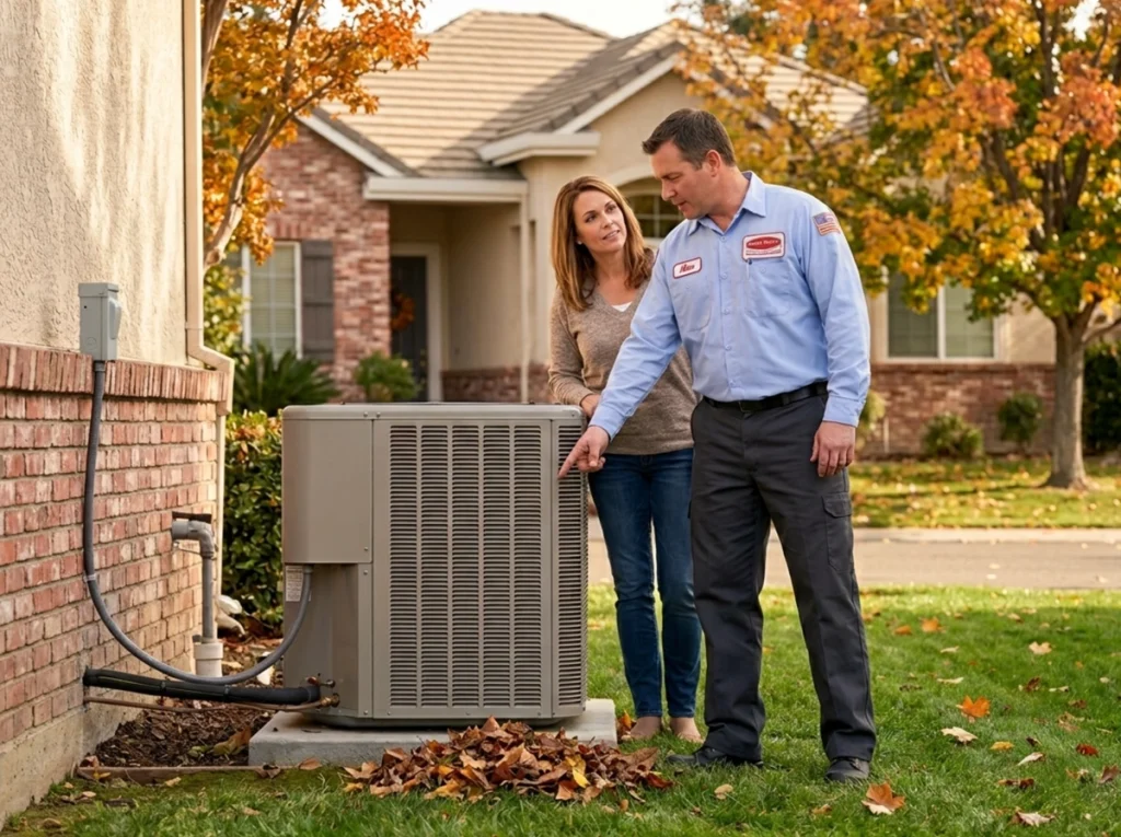 Roseville homeowner reviewing fall HVAC maintenance with technician