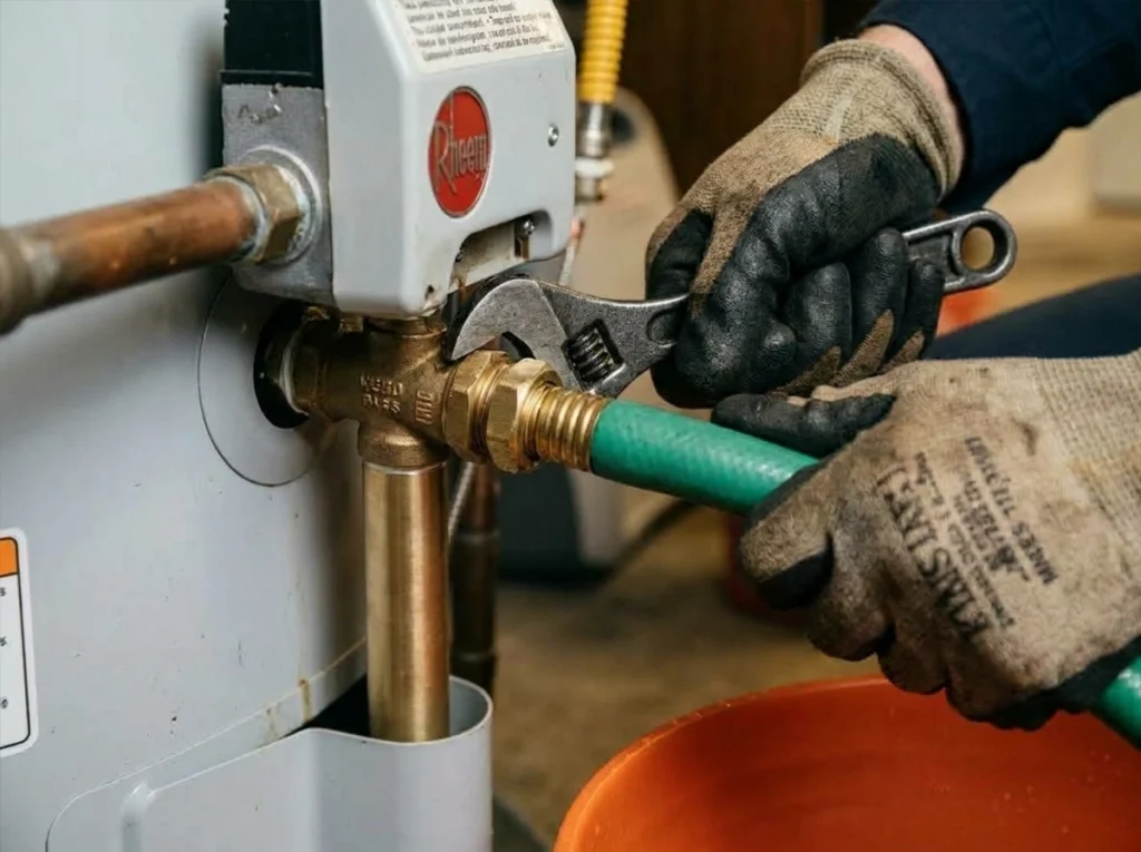 Plumber flushing sediment from a water heater in Granite Bay California
